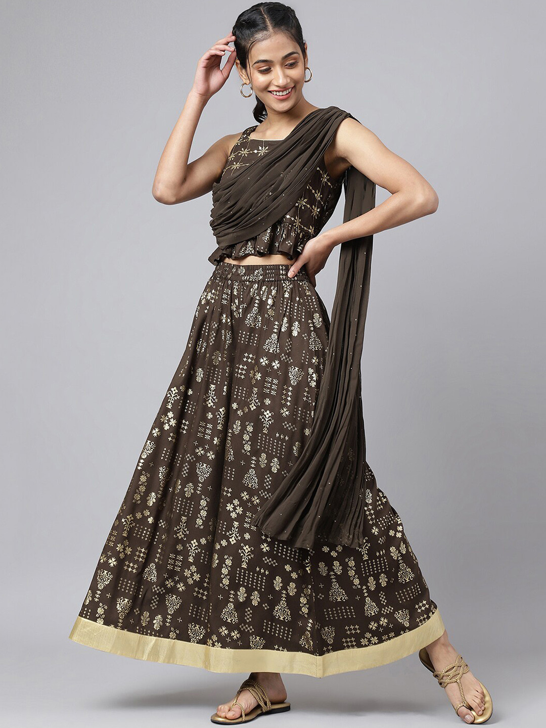 AURELIA Women Brown Ethnic Motifs Printed Skirt & Crop Top with Attached Dupatta