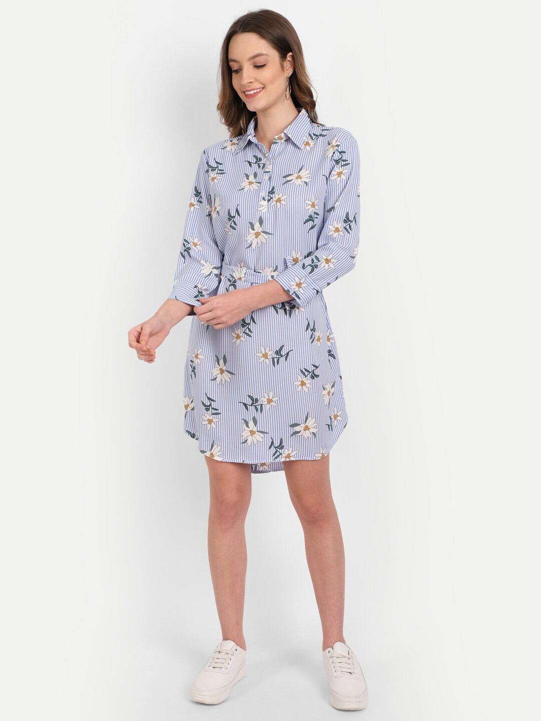 Rediscover Fashion Blue Striped Floral Print Crepe Shirt Dress