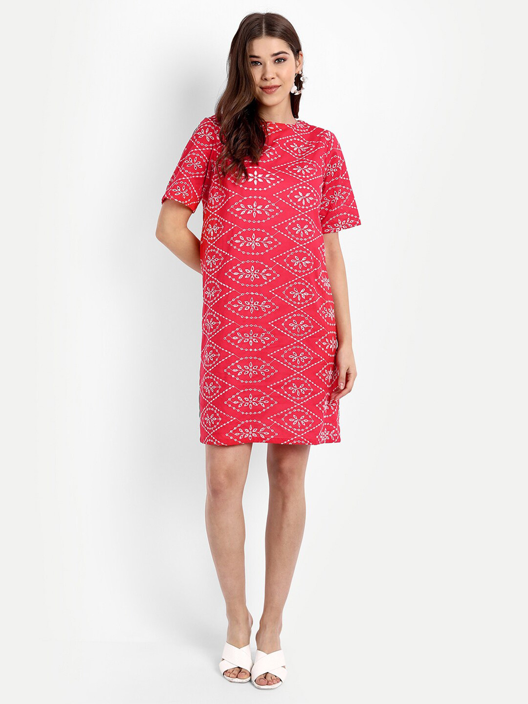 Rediscover Fashion Red Cotton Schiffli Dress