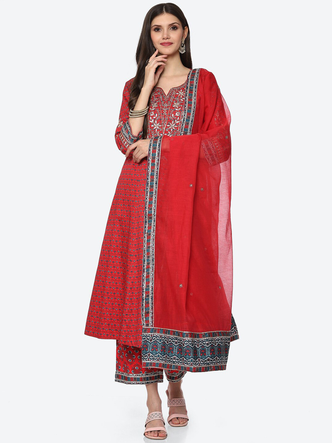 Biba Women Coral Ethnic Motifs Printed Kurta with Palazzos & With Dupatta