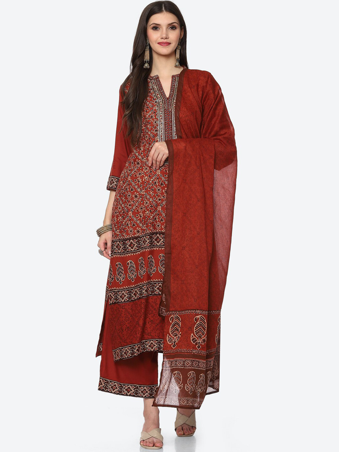 Biba Women Rust Paisley Printed Kurtawith Palazzos & With Dupatta