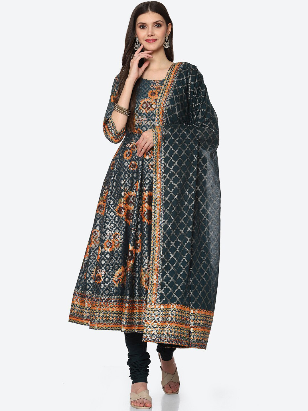 Biba Women Peacock Blue Floral Printed Kurta with Churidar & With Dupatta