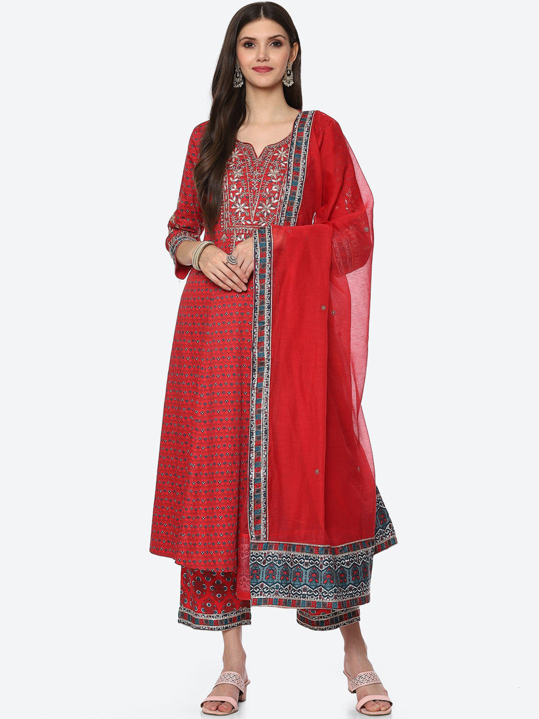 Biba Women Coral Ethnic Motifs Printed A-Line Kurti with Palazzos & Dupatta