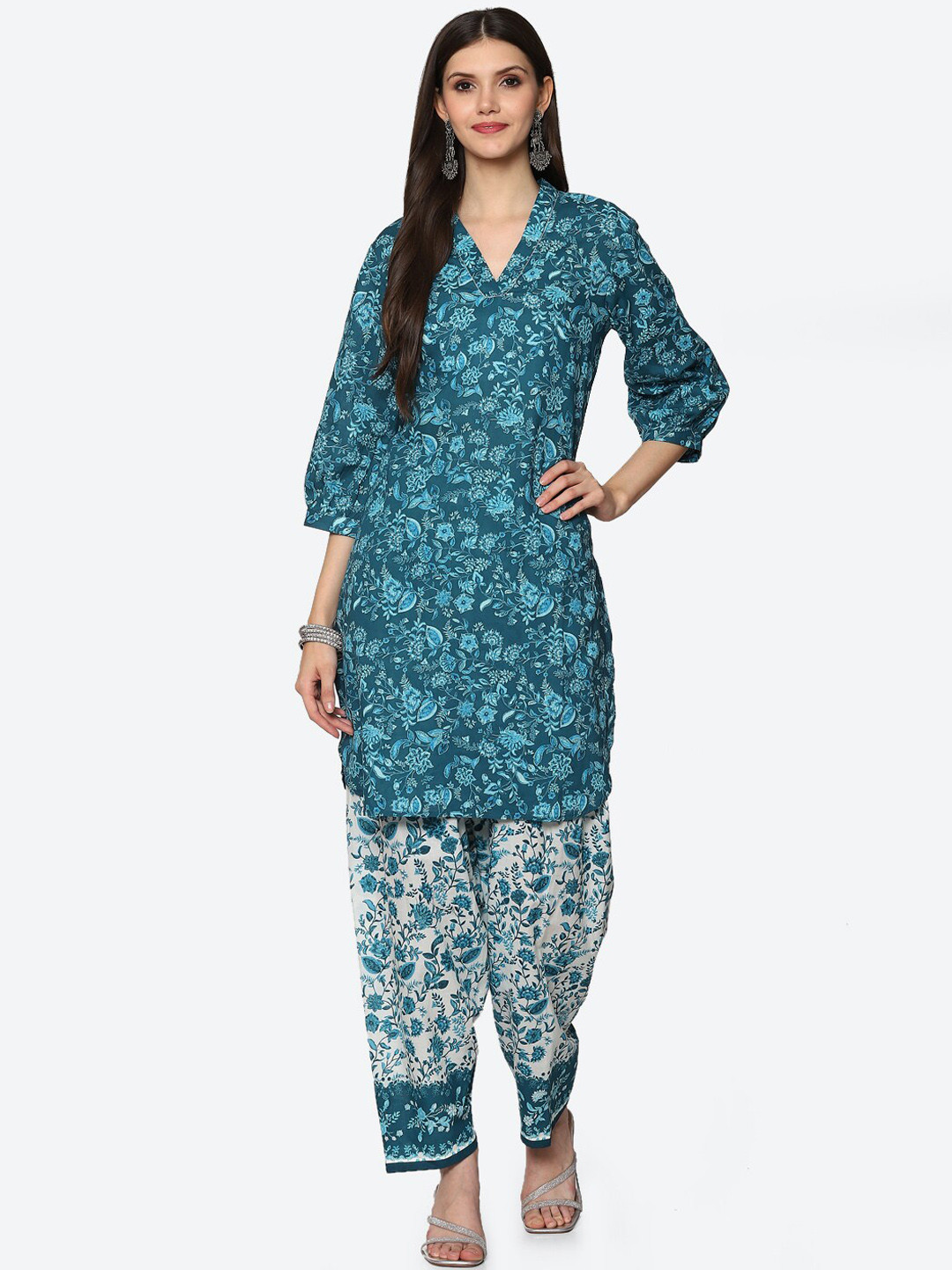 Biba Women Teal Floral Printed Kurti with Salwar