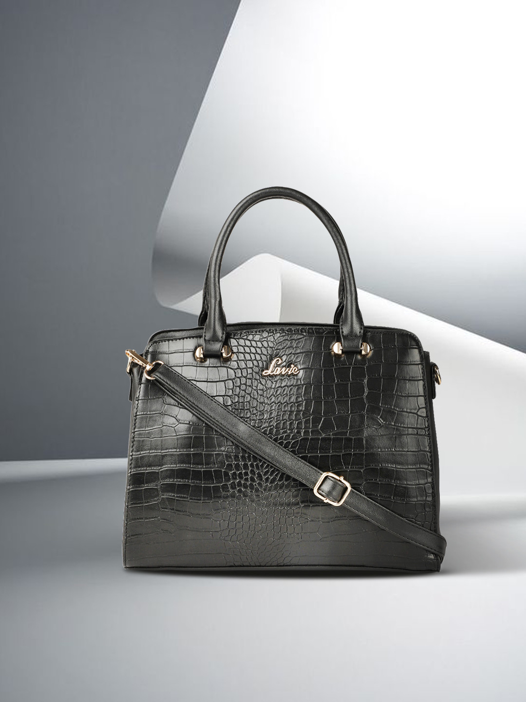 Lavie Glossy Ushy Women Black Animal Textured Structured Medium Dome Satchel Bag