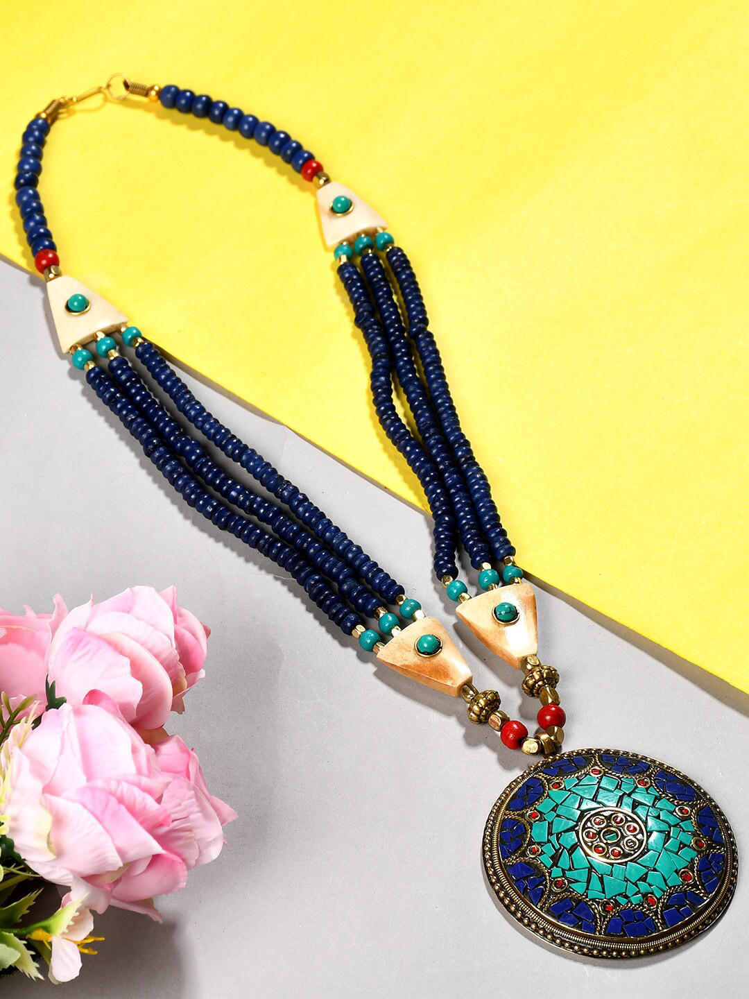 Bamboo Tree Jewels Black & Blue Afghan Necklace