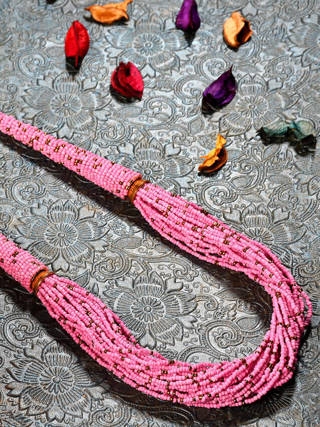 Bamboo Tree Jewels Pink & Gold-Toned Afghan Necklace