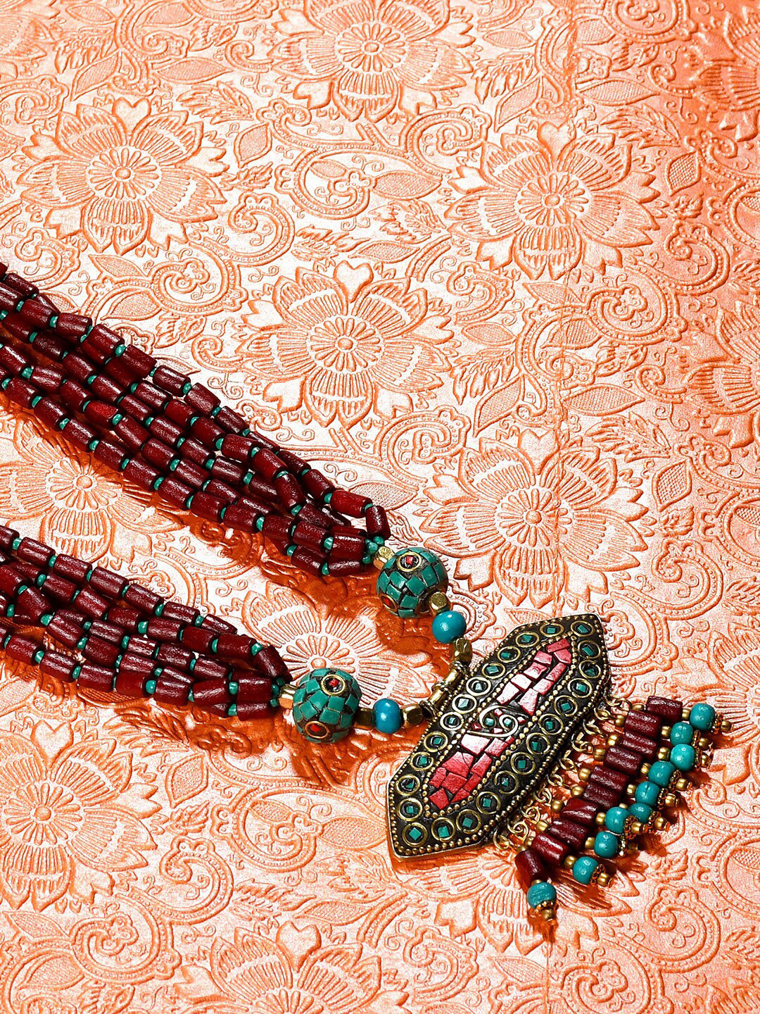 Bamboo Tree Jewels Maroon & Blue Afghan Necklace