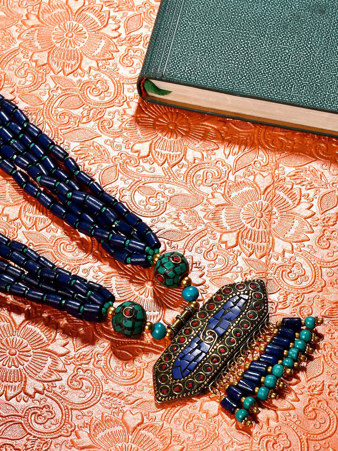 Bamboo Tree Jewels Blue & Green Afghan Necklace