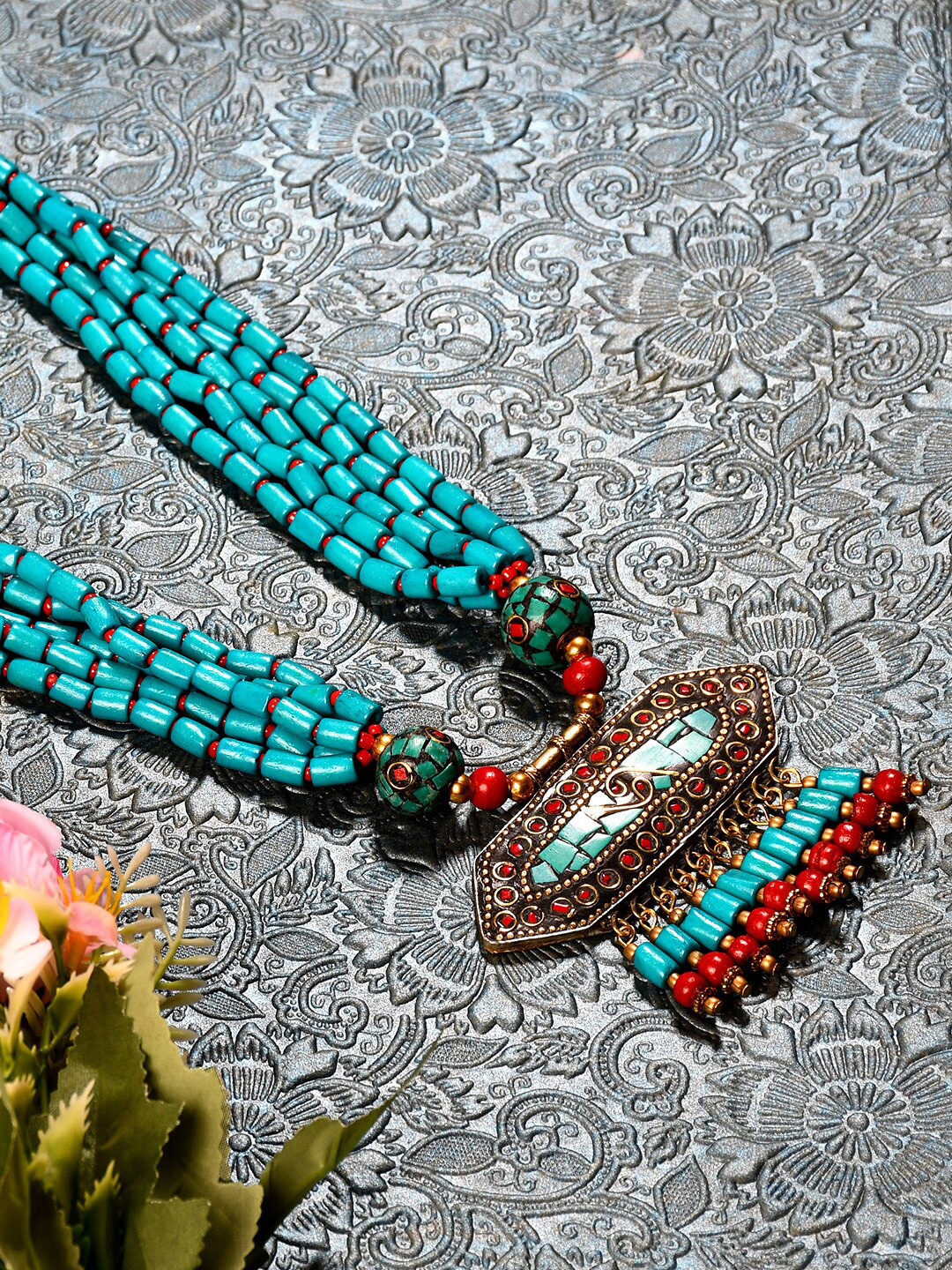 Bamboo Tree Jewels Turquoise Blue & Red Afghan Necklace