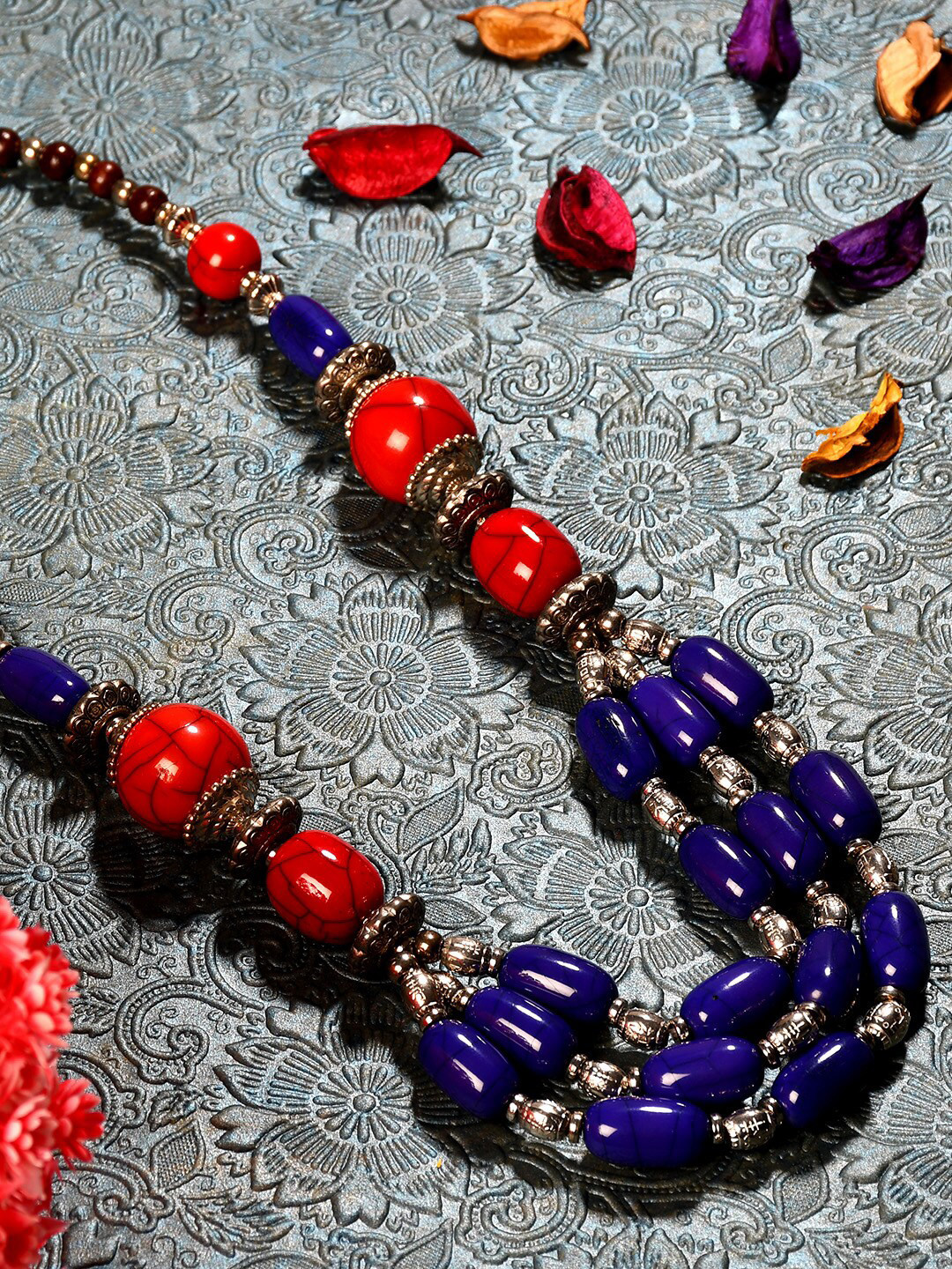 Bamboo Tree Jewels Blue & Red Afghan Necklace