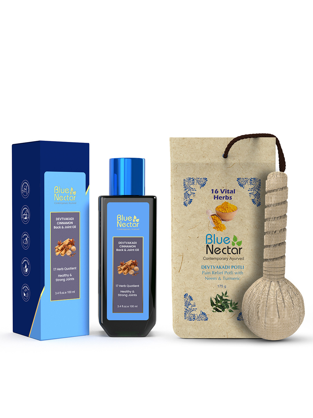 Blue Nectar Set of Devtvakadi Cinnamon Pain Relief Oil & Potli