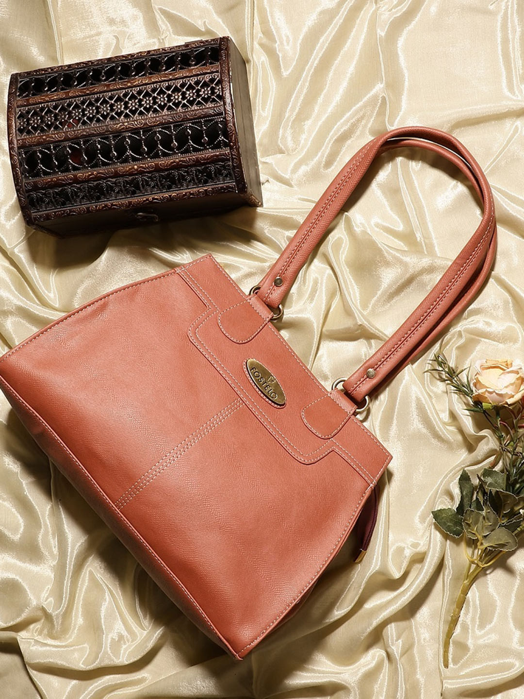 Fostelo Women Rose Gold PU Structured Shoulder Bag with Applique
