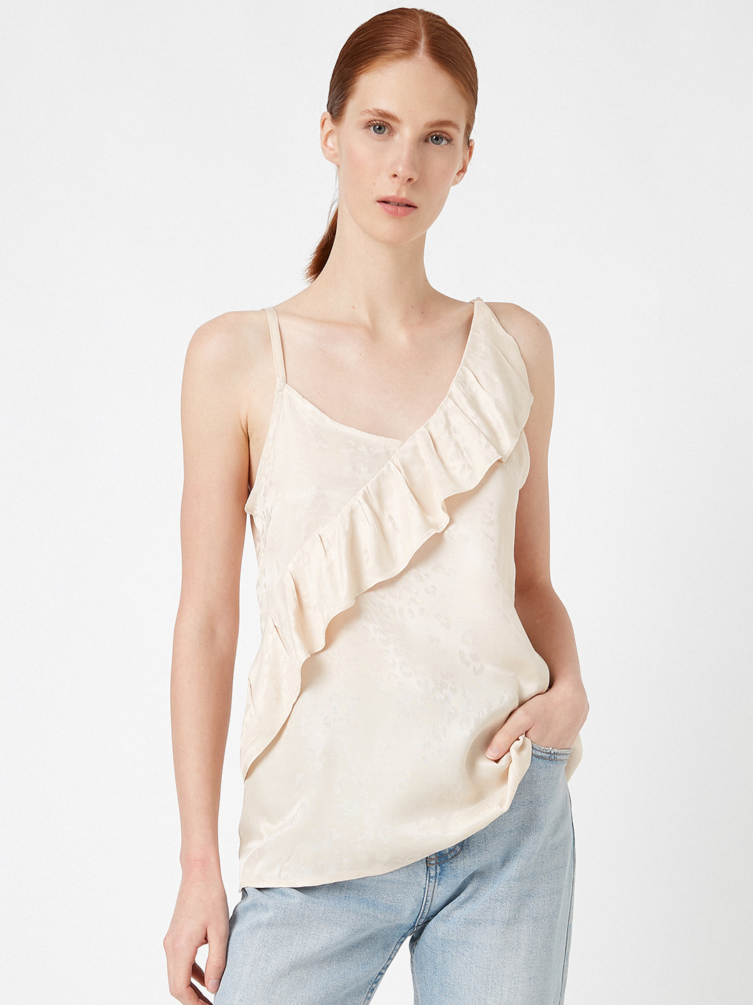 Koton Beige Shoulder Straps Frilled Top