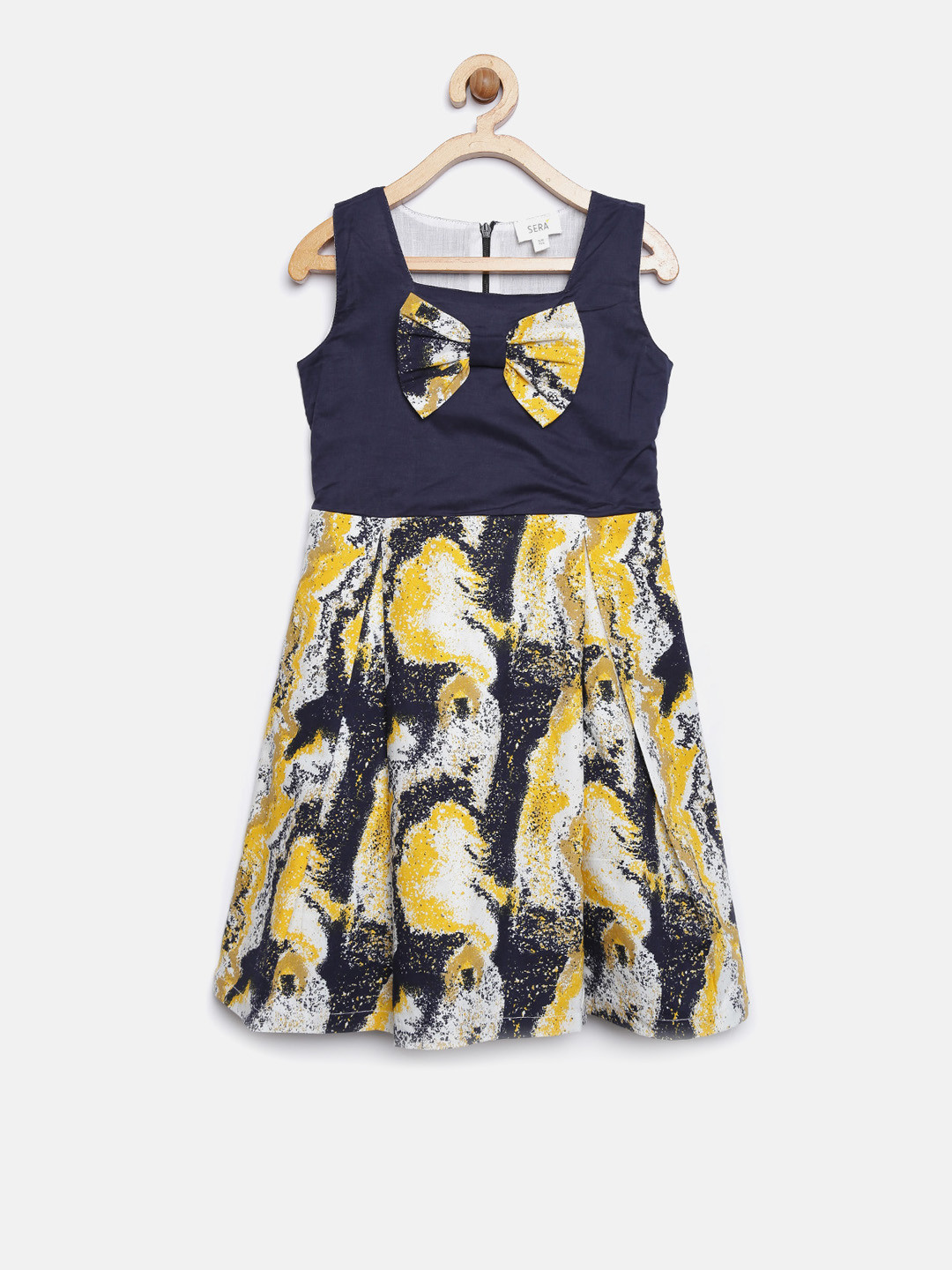 Sera Girls Navy & Yellow Printed Fit & Flare Dress