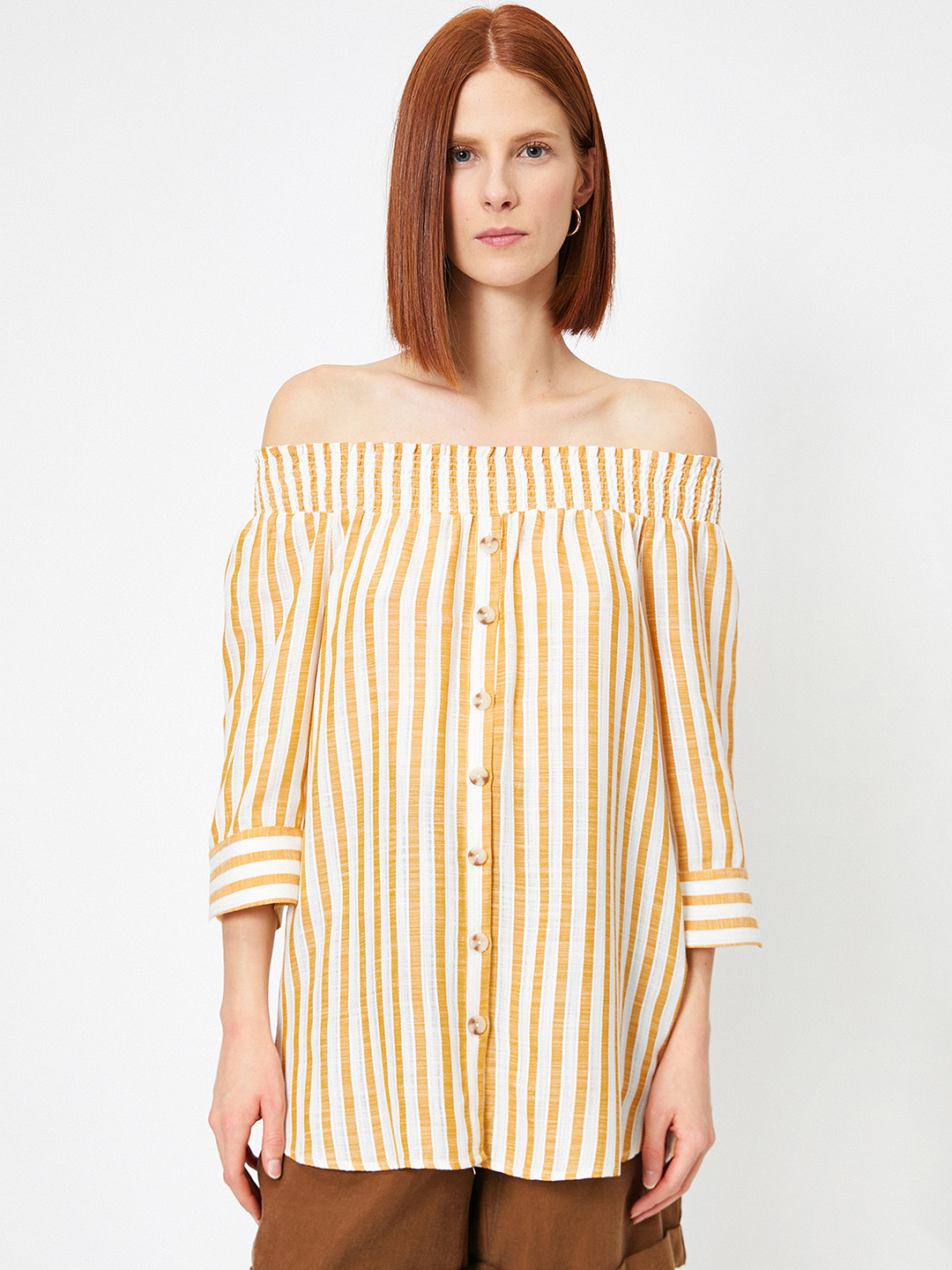 Koton Mustard Yellow & White Striped Off-Shoulder Top