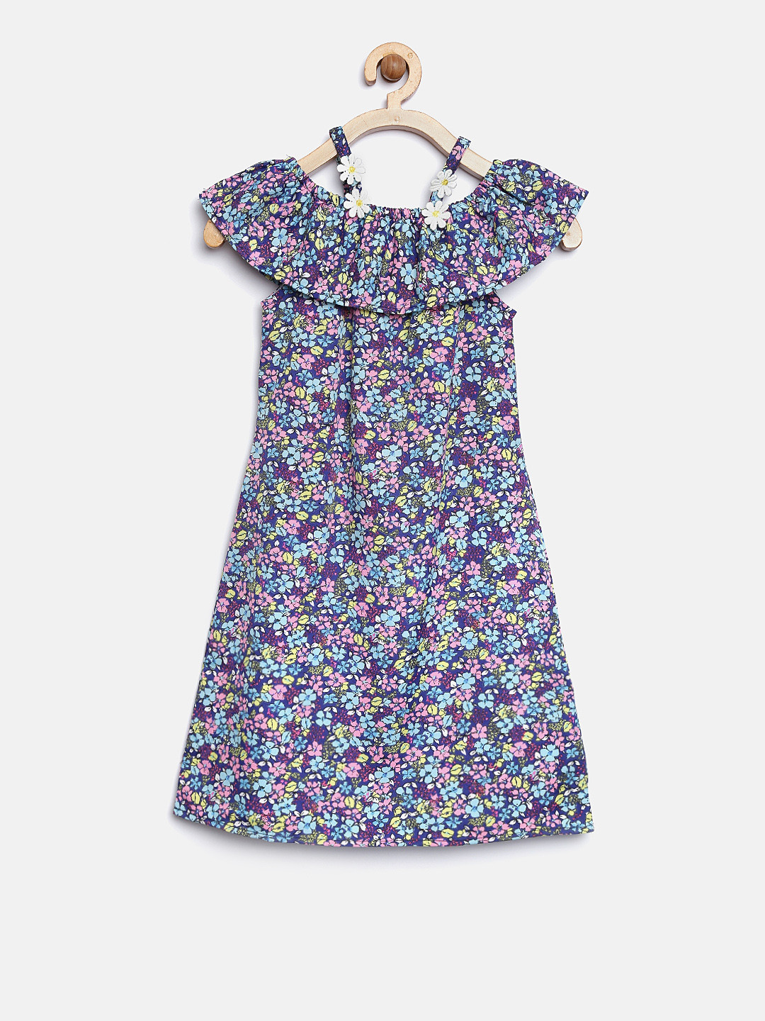 Sera Girls Blue & Pink Floral Print A-Line Dress