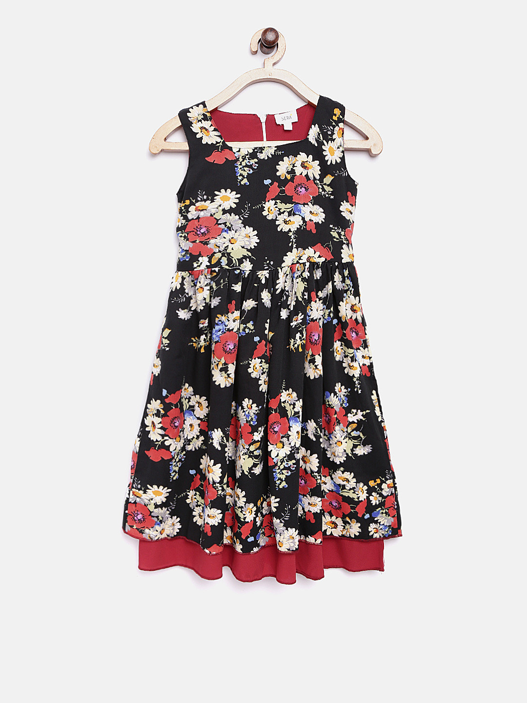 Sera Girls Black & Cream-Coloured Floral Print Fit and Flare Dress