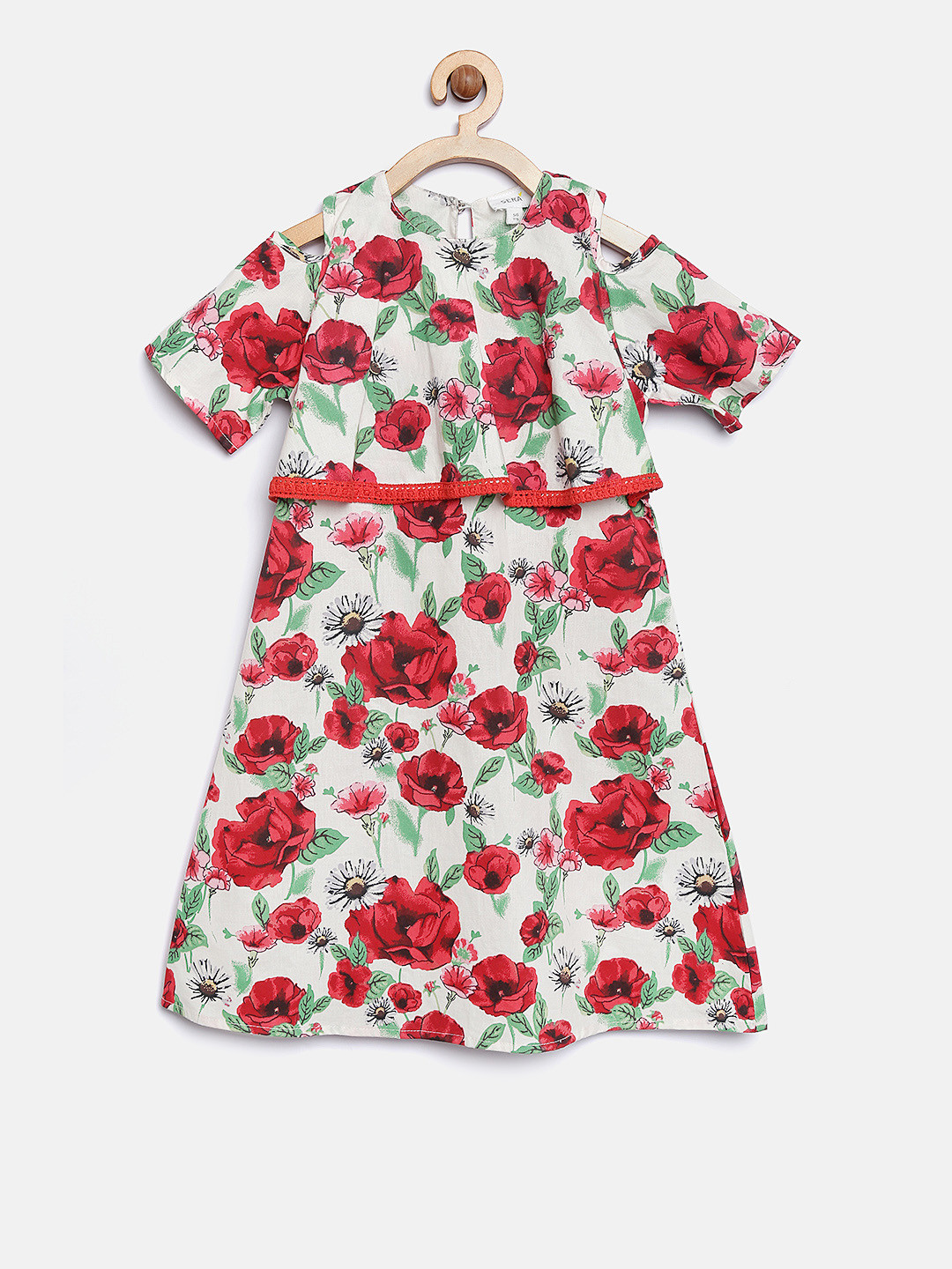 Sera Girls Off-White & Red Floral Print Layered A-Line Dress
