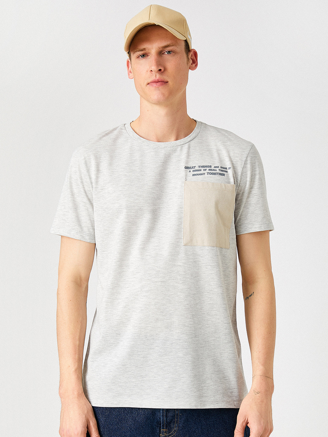 Koton Grey Melange Typography Printed Pure Cotton T-shirt With Pocket Detail