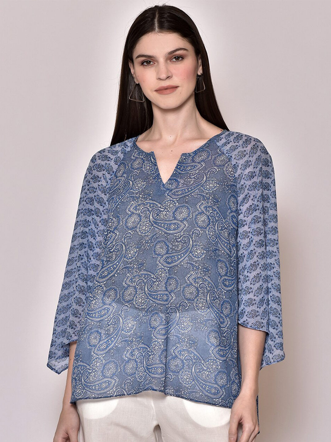 250 DESIGNS Blue Floral Print Sheer Georgette Top