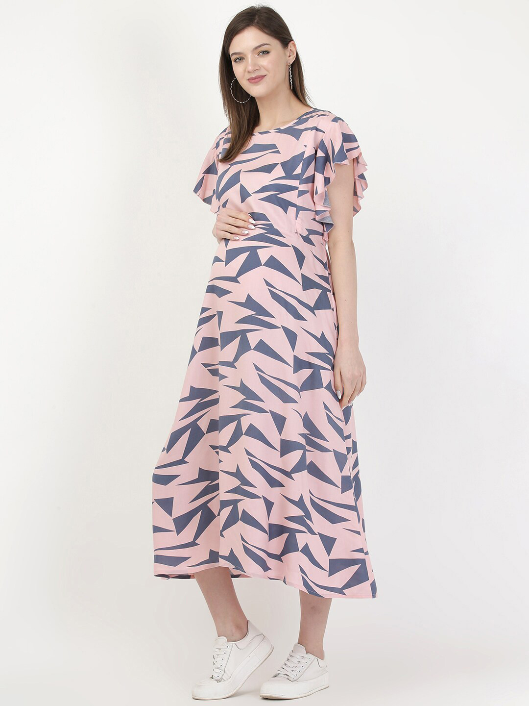 MYLO ESSENTIALS Pink Maternity Geometric Print A-Line Midi Dress