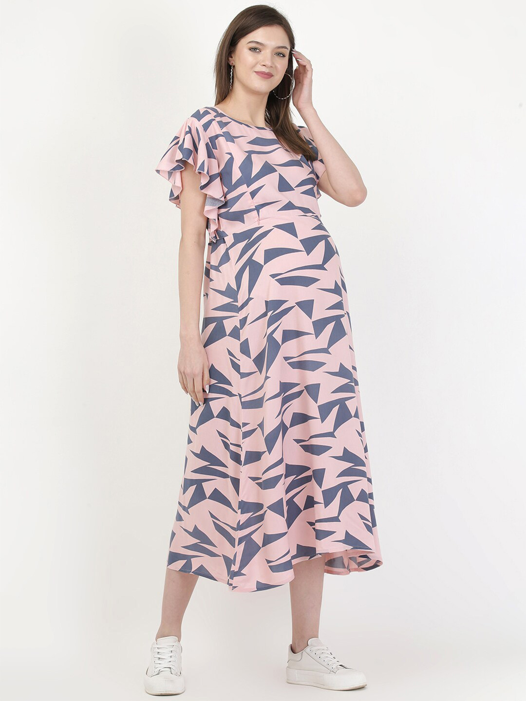 MYLO ESSENTIALS Women Pink Printed Maternity A-Line Midi Dress