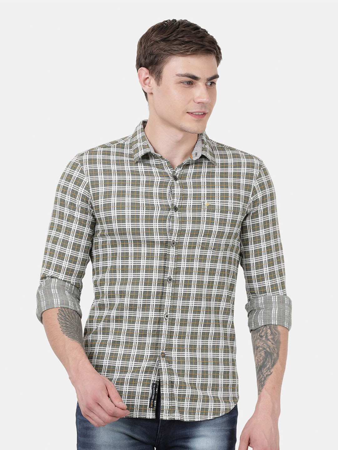 t-base Men Olive Green Standard Tartan Checks Checked Casual Shirt