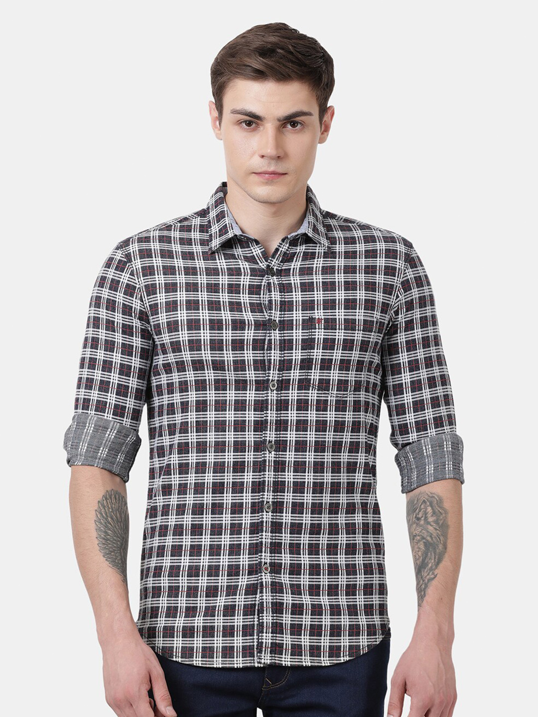 t-base Men Navy Blue Standard Checked Casual Long sleeve Shirt