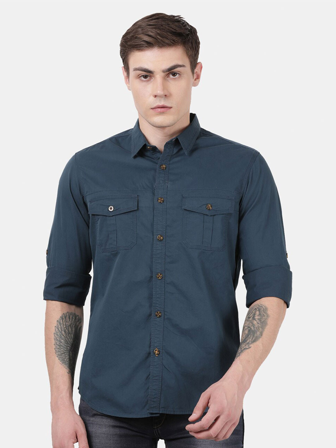 t-base Men Teal Standard Casual Shirt
