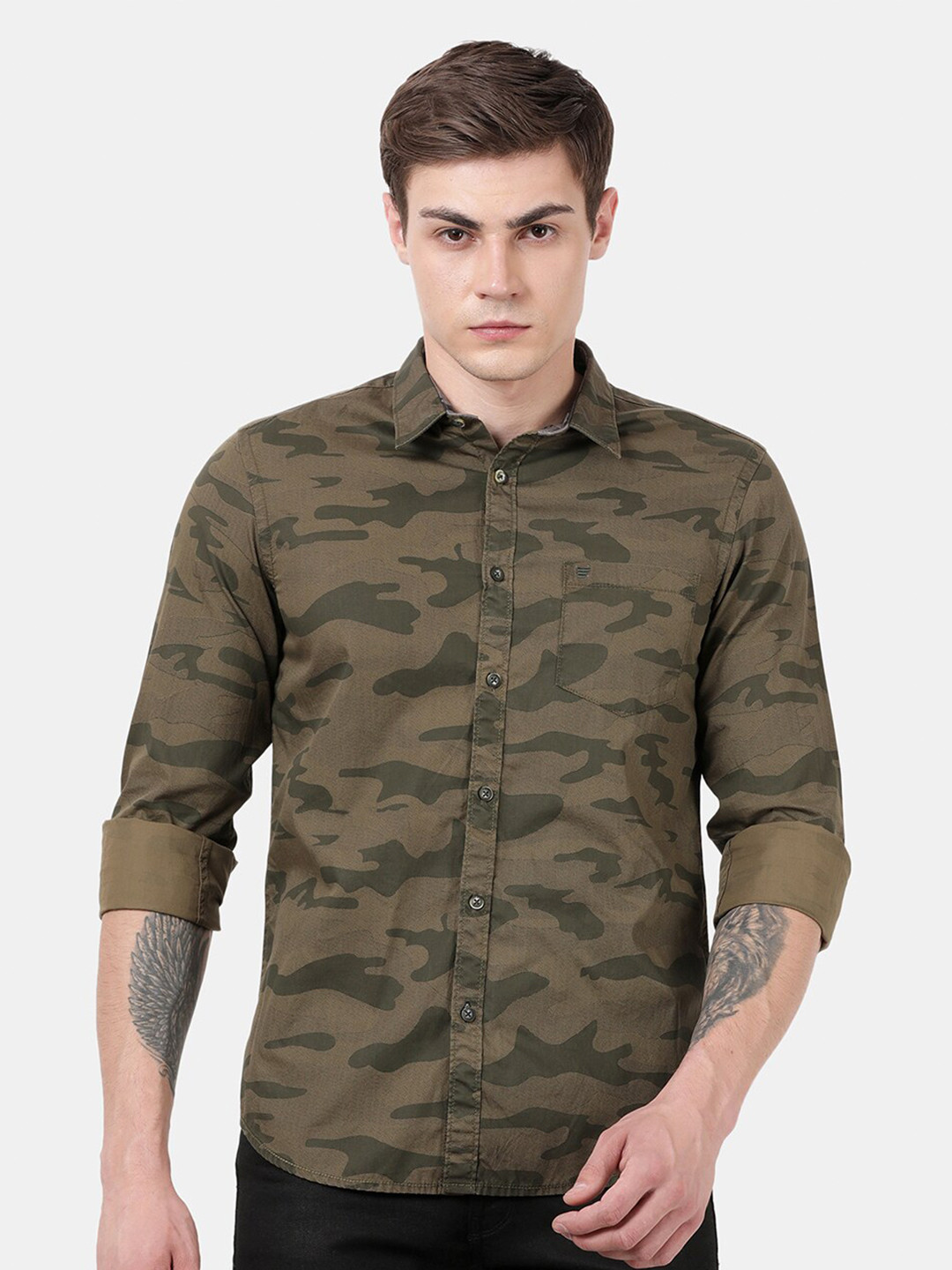 t-base Men Olive Green Standard Printed Casual Shirt