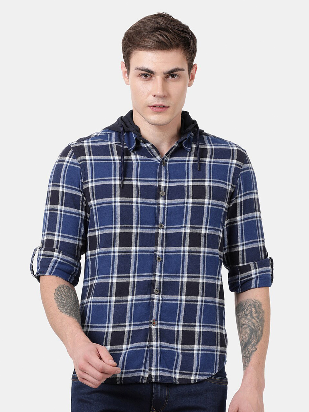 t-base Men Blue Standard Tartan Checks Checked Casual Shirt