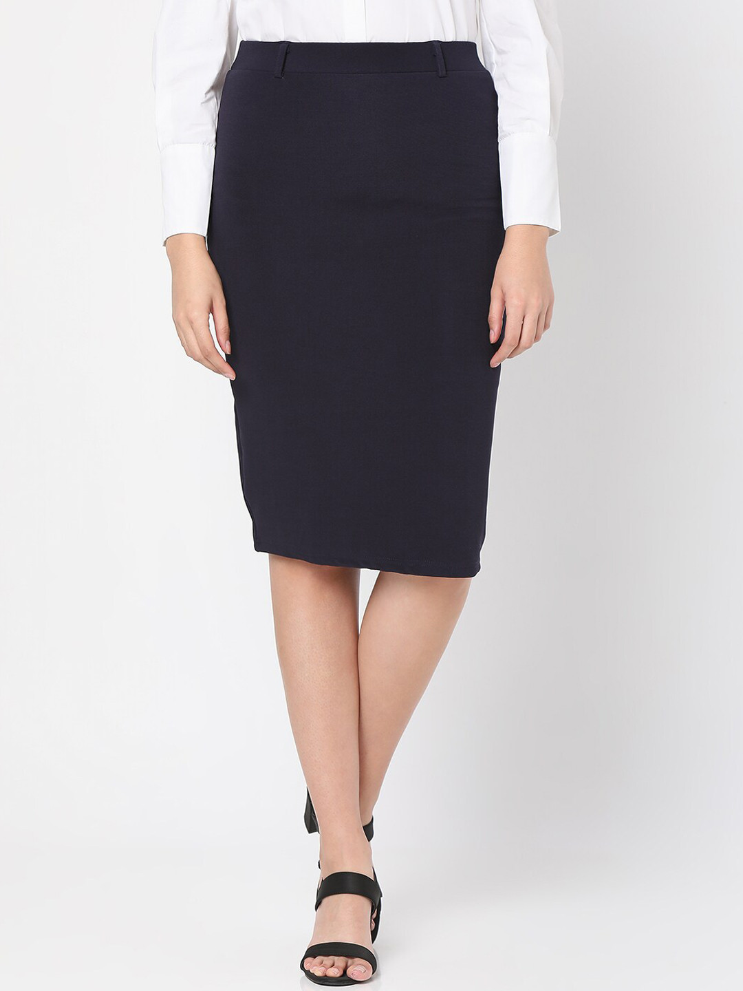 Smarty Pants Women Navy Blue Solid Knee-Length Pencil Skirt