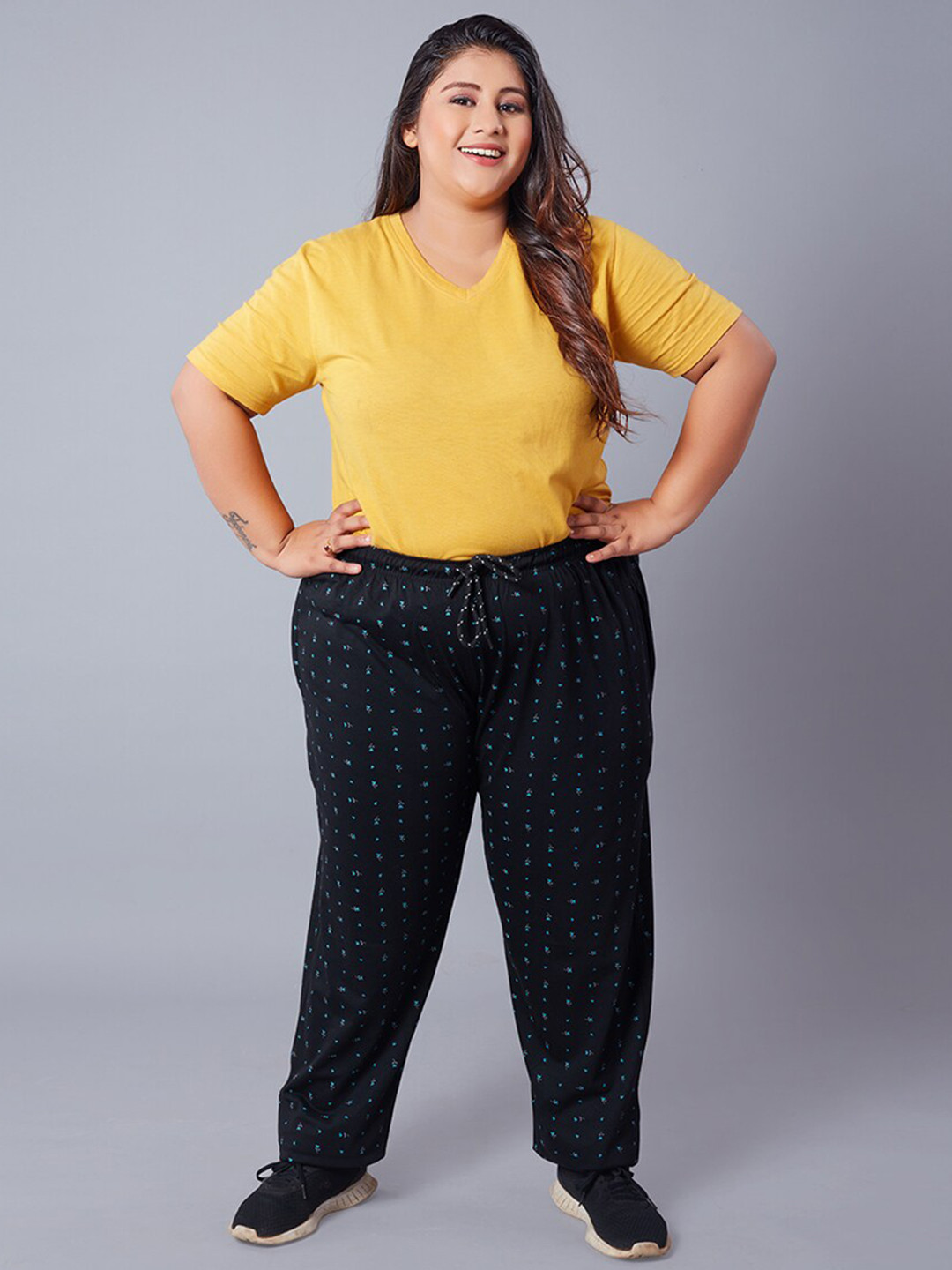 CUPID Plus Size Women Black Printed Cotton Lounge Pants