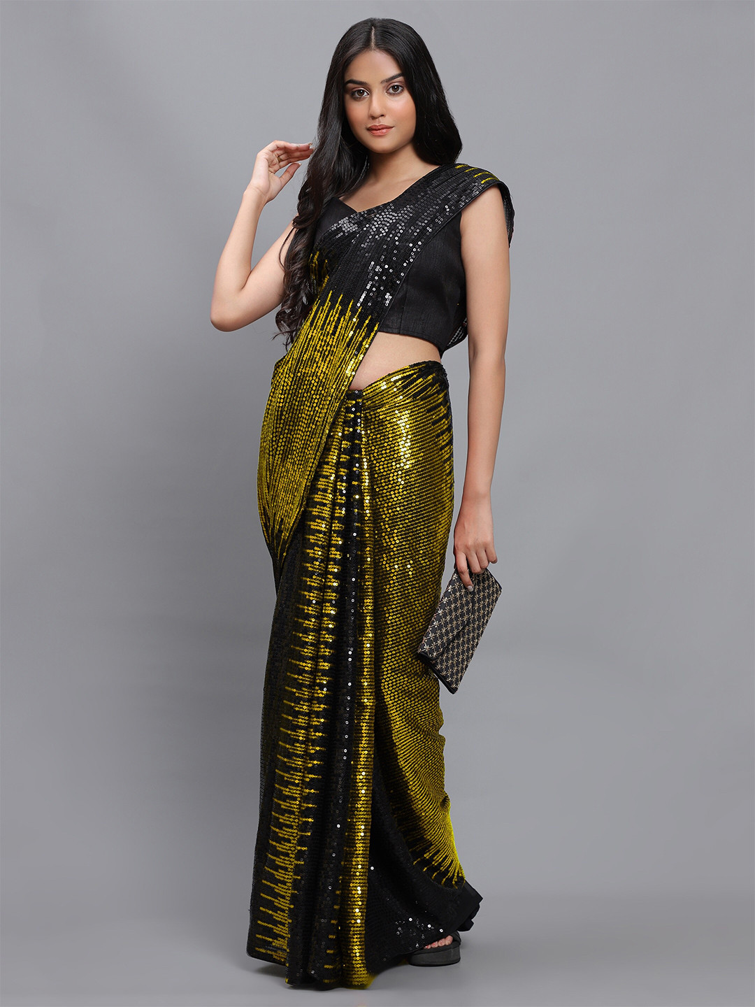 3BUDDY FASHION Gold & Black Embellished Sequinned Dharmavaram Saree