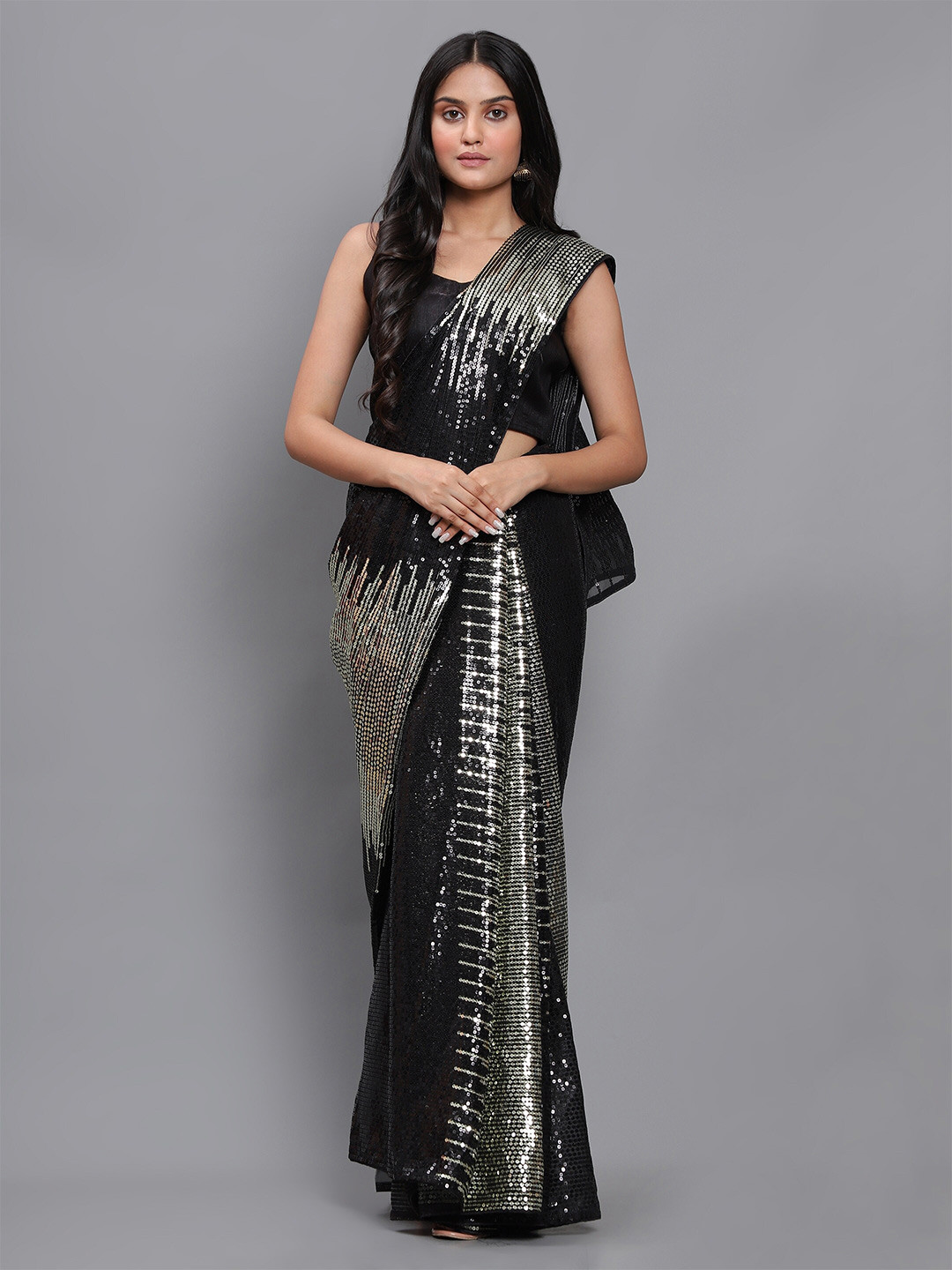 3BUDDY FASHION Grey & Black Embellished Sequinned Dharmavaram Saree