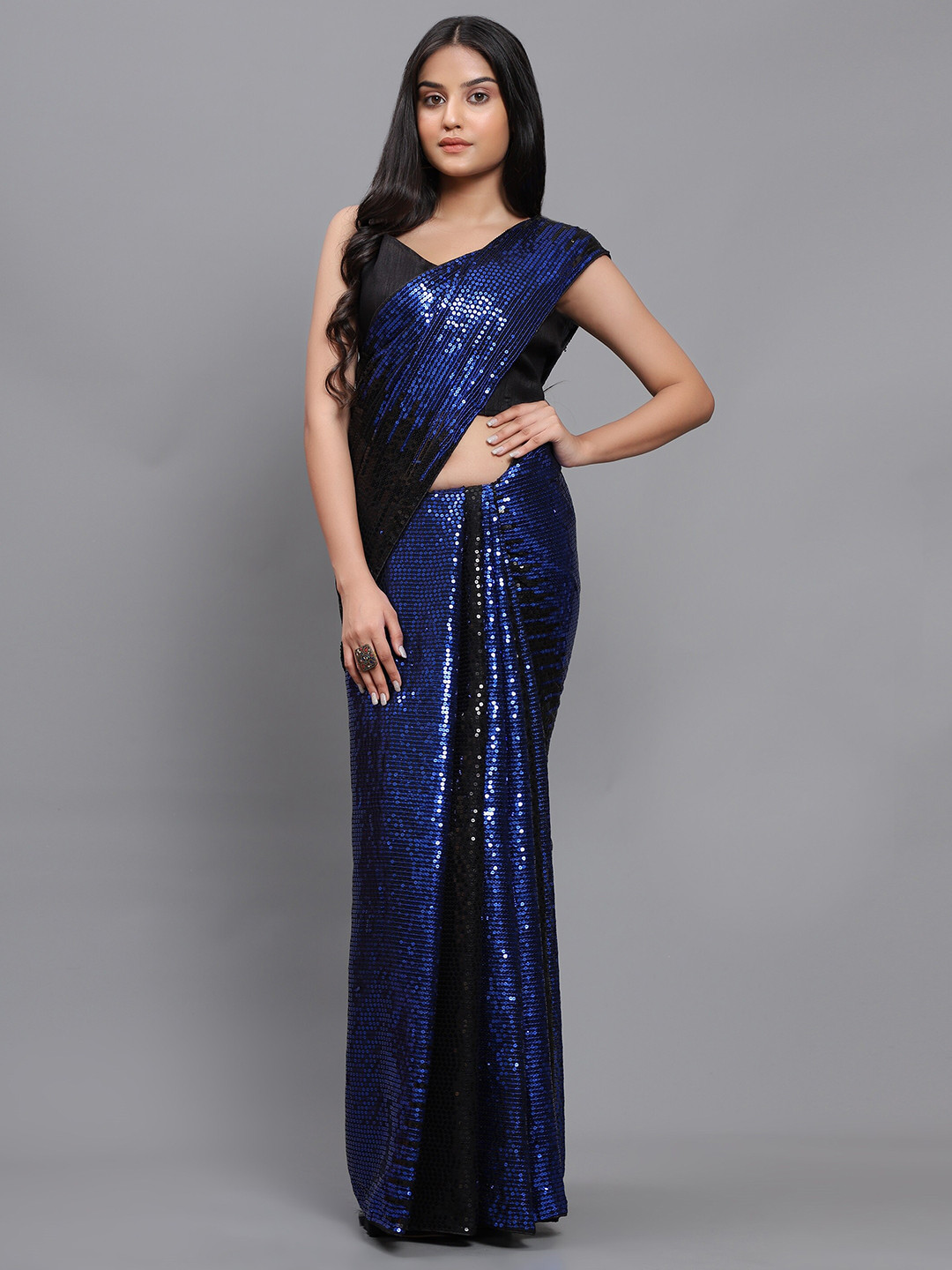 3BUDDY FASHION Blue & Black Embellished Sequinned Dharmavaram Saree