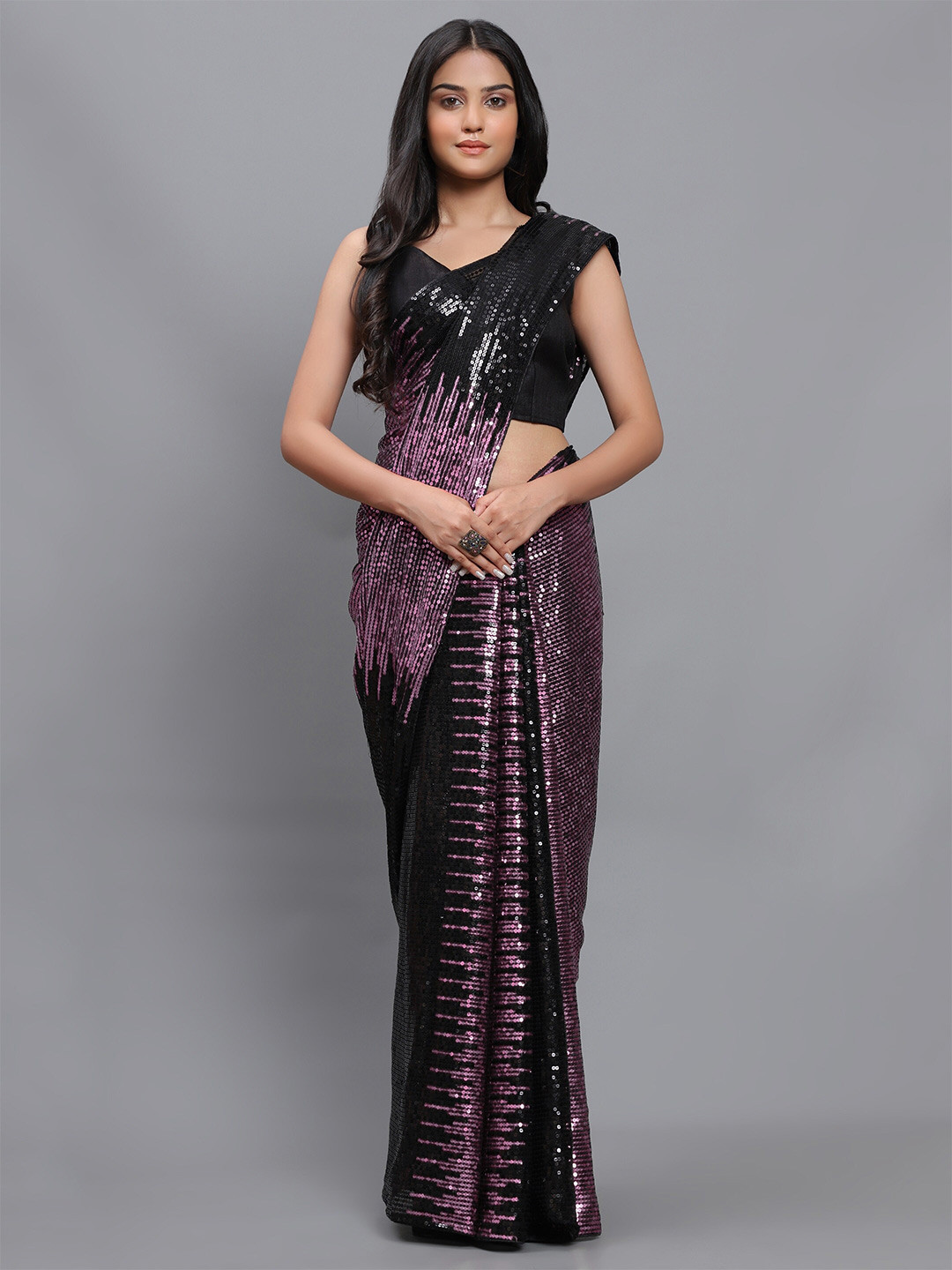 3BUDDY FASHION Mauve & Black Embellished Sequinned Dharmavaram Saree