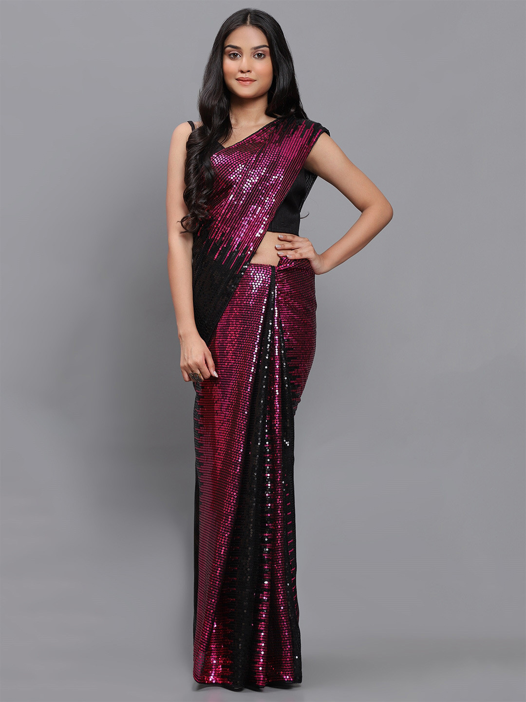 3BUDDY FASHION Purple & Black Embellished Sequinned Dharmavaram Saree