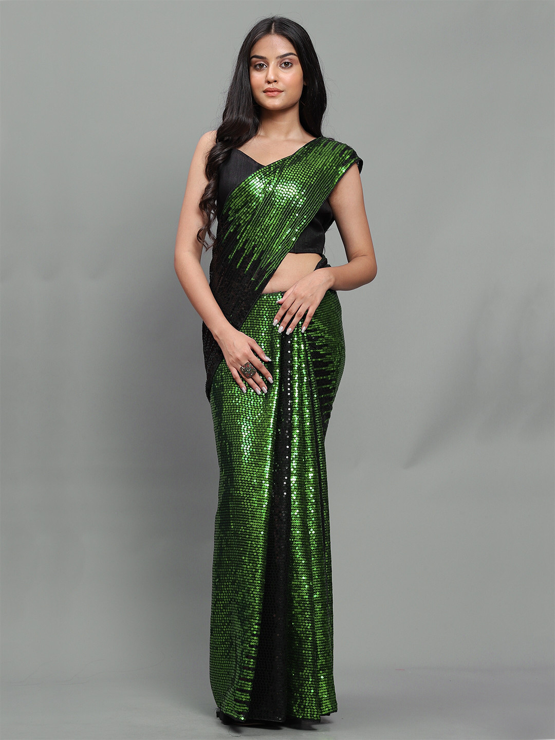 3BUDDY FASHION Green & Black Embellished Sequinned Dharmavaram Saree
