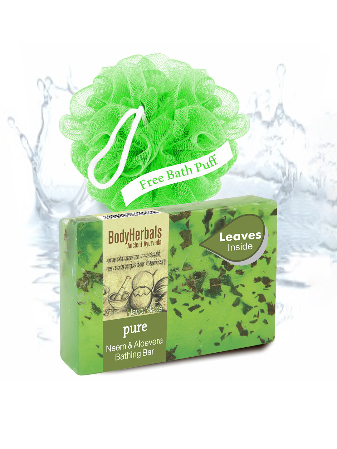 BodyHerbals Pure Neem Aloevera Bathing Soap Bar with Natural Chunks 100g & Free Bath Puff