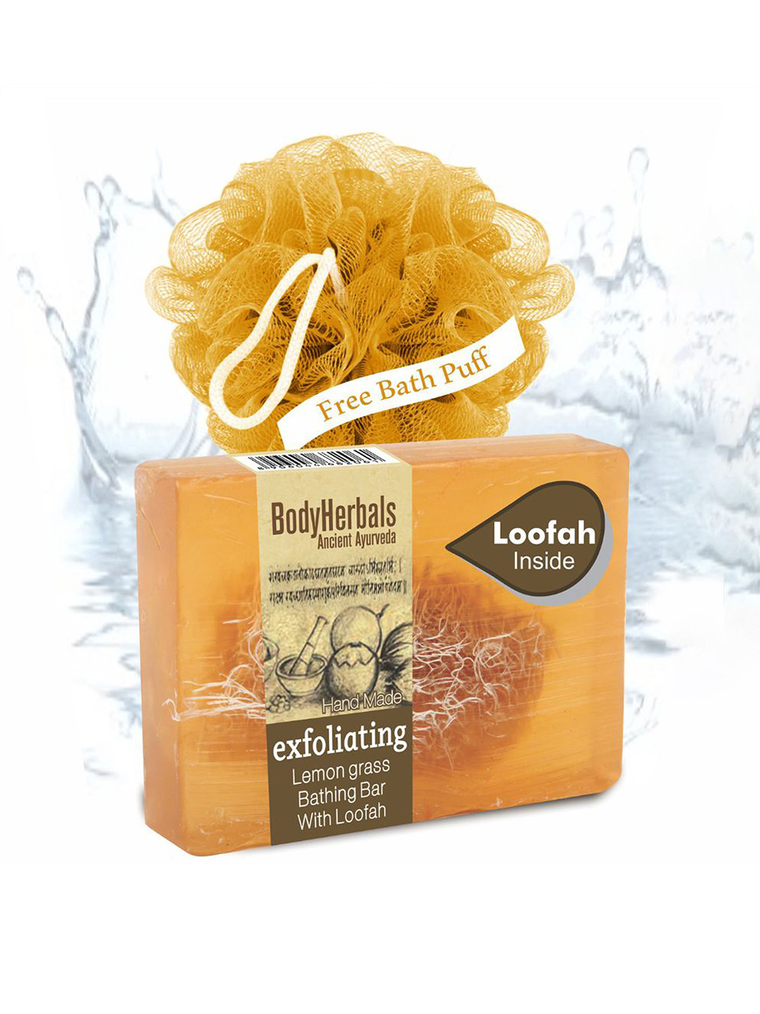 BodyHerbals Exfoliating Lemongrass Bathing Soap Bar with Natural Chunks & Free Bath Puff
