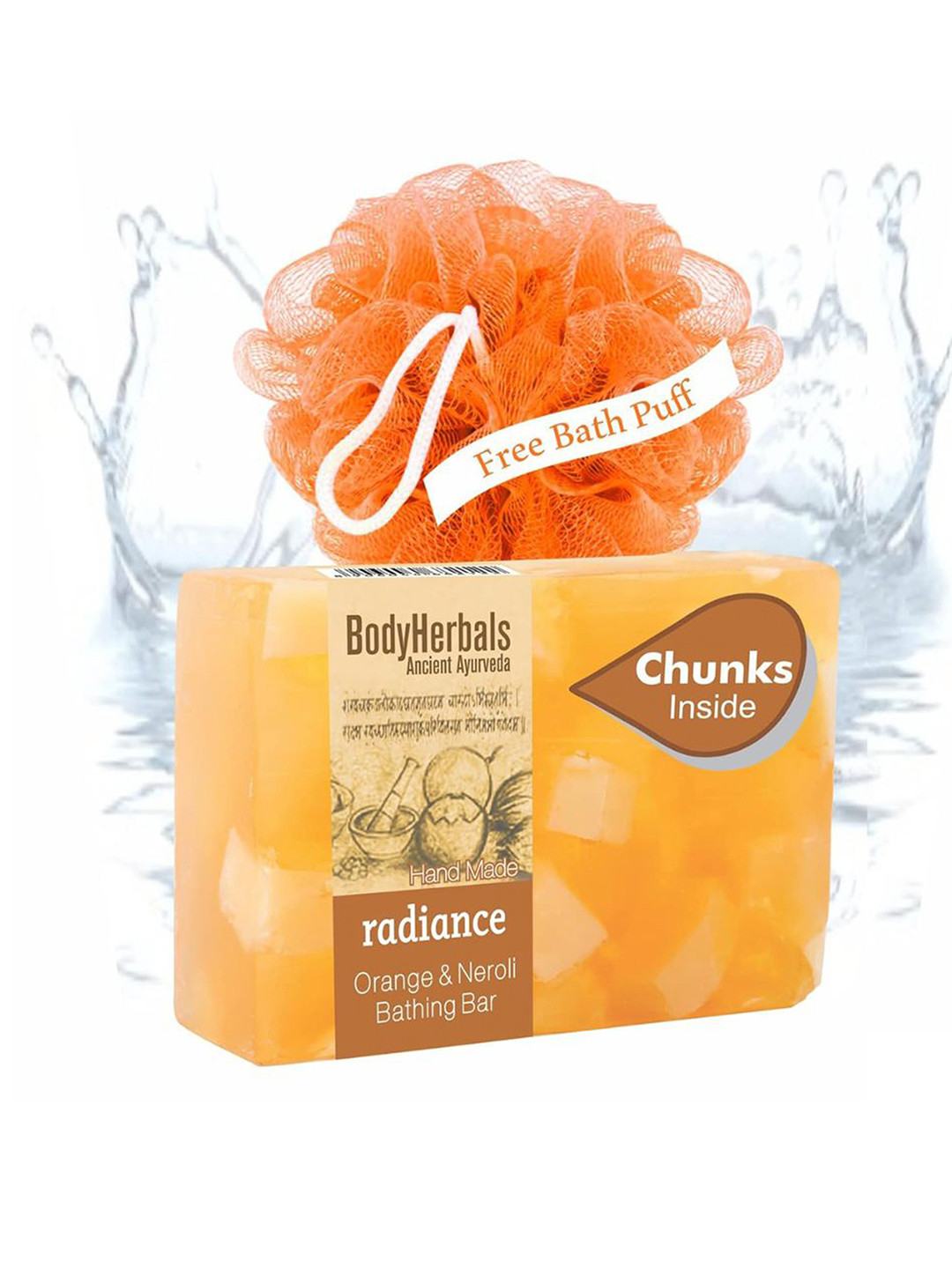 BodyHerbals Radiance Orange Neroli Soap Bar with Natural Chunks 100 g & Free Bath Puff
