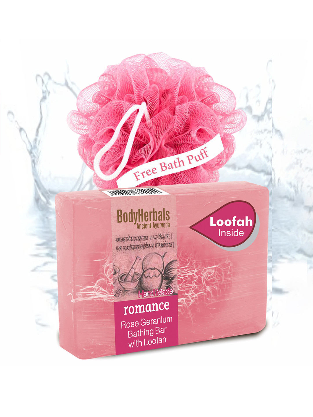 BodyHerbals Romance Rose Bathing Soap Bar with Natural Loofah 100 g & Free Bath Puff