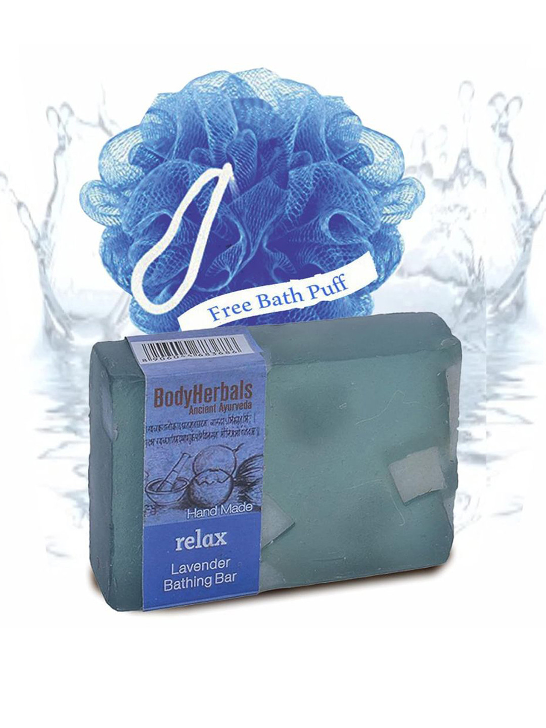 BodyHerbals Stress Relief Lavender Bathing Soap Bar with Natural Chunks & Free Bath Puff