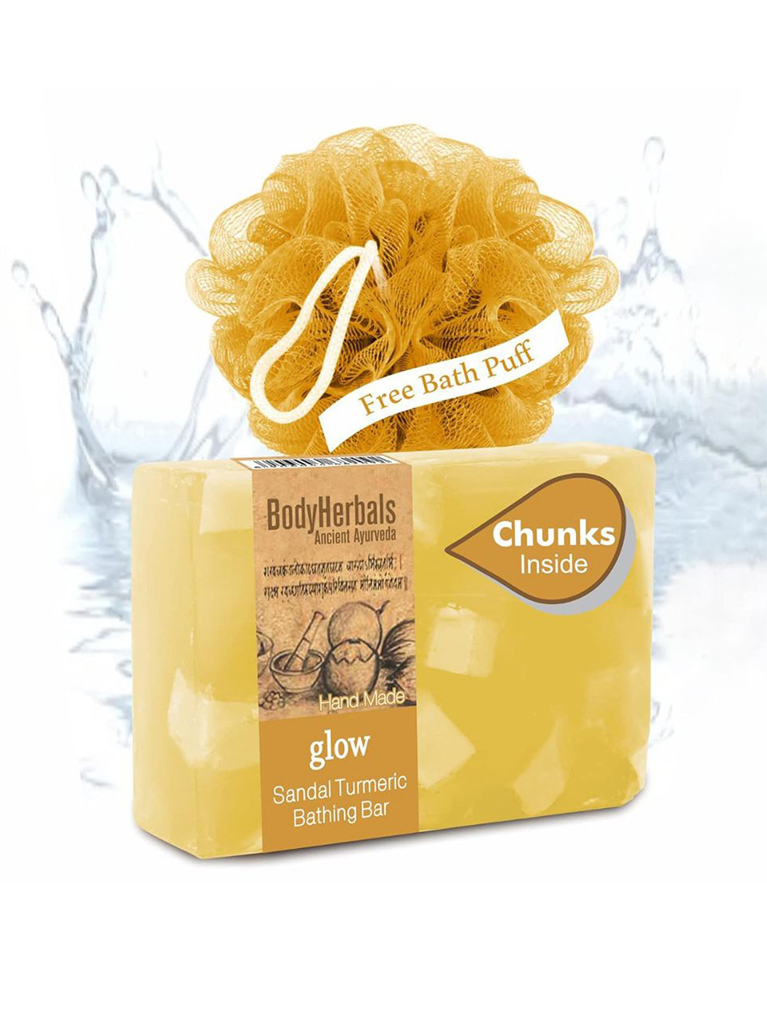 BodyHerbals Glow Sandal Turmeric Bathing Soap Bar with Natural Chunks & Free Bath Puff