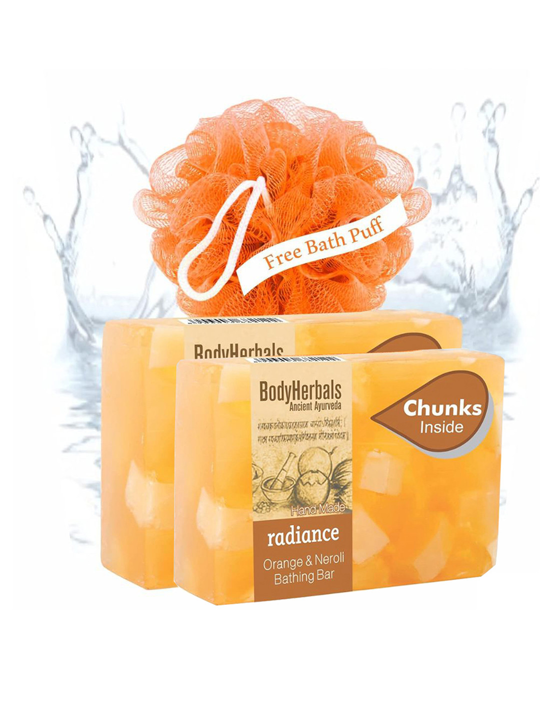BodyHerbals Set of 2 Radiance Orange Neroli Bathing Bar with Natural Chunks & Bath Puff