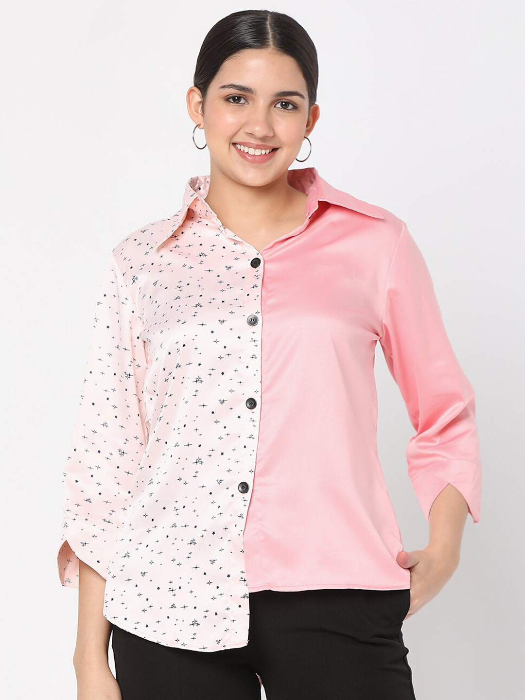 Smarty Pants Plus Size Women Pink Silk Satin High Low Casual Shirt