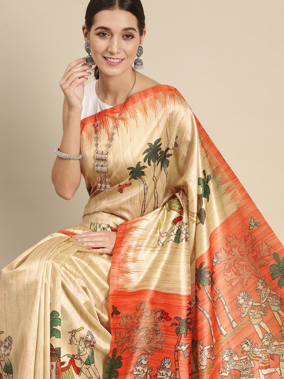 Rani Saahiba Beige & Rust Orange Warli Art Silk Tussar Saree