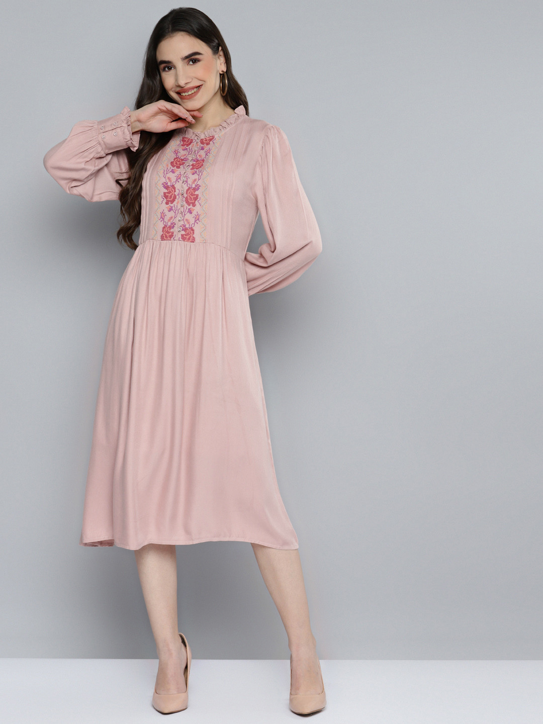 SCOUP Pink Embroidered Yoke Design Ruffle A-Line Midi Dress